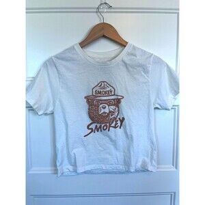 Smokey The Bear Graphic Cropped Baby Shirt Womens L White Mighty Fine Ranger Y2K